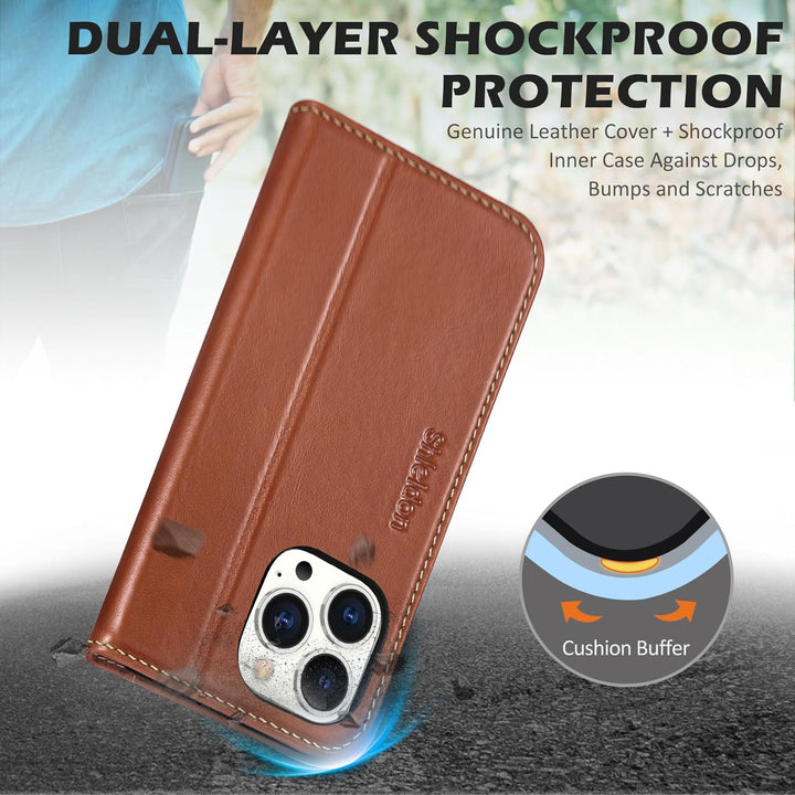 SHIELDON Hülle für iPhone 14 Pro Max Handyhülle [Erstklassig Echtleder] [Kartenfach] [Magnet] [Stand