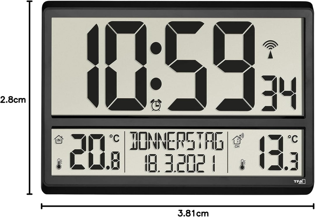 TFA Dostmann Digitale XL Wanduhr, 60.4521.01, mit Aussentemperatur, Innentemperatur, Wochentag (8 Sp