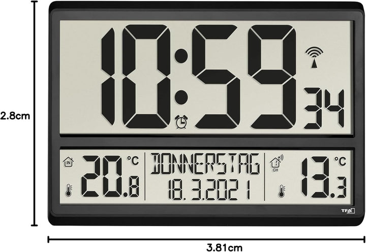 TFA Dostmann Digitale XL Wanduhr, 60.4521.01, mit Aussentemperatur, Innentemperatur, Wochentag (8 Sp