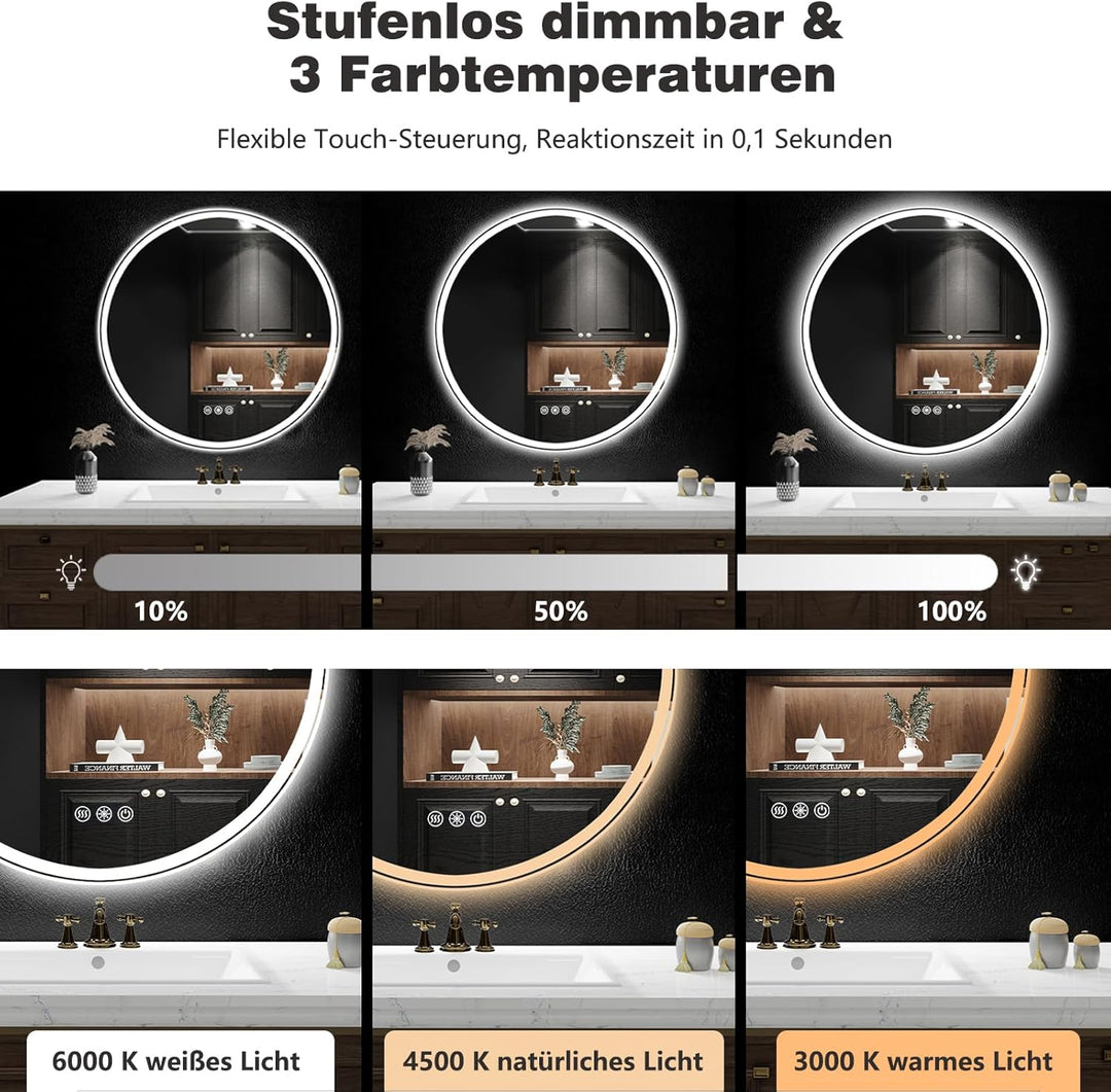 60cm Runde LED Badezimmerspiegel mit Beleuchtung, Dimmbar & 3 Farben – Front- & Hintergrundbeleuchtu