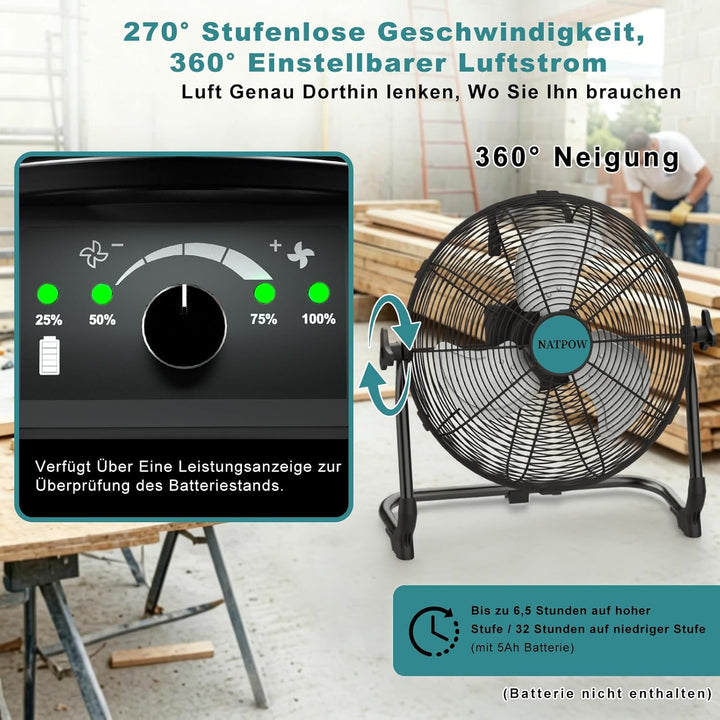 Bodenventilator 30 cm, Ventilator mit Typ C und USB-Aufladung für Adapter und Makita (Kein Akku), 15