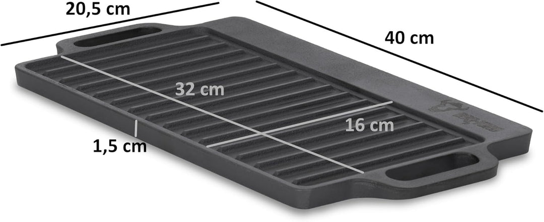 BBQ-Toro Gusseisen Grillplatte mit Griffen | 40 x 20,5 cm | Grillpfanne, beidseitig verwendbar | Rec