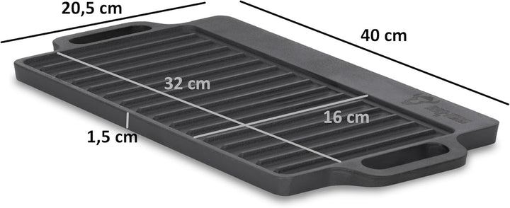 BBQ-Toro Gusseisen Grillplatte mit Griffen | 40 x 20,5 cm | Grillpfanne, beidseitig verwendbar | Rec