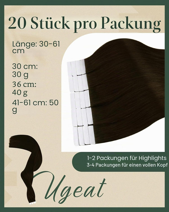 Ugeat Invisible Tape in Extensions Echthaar Schokobraun Echthaar Extensions Tape Haarverlängerung Ec