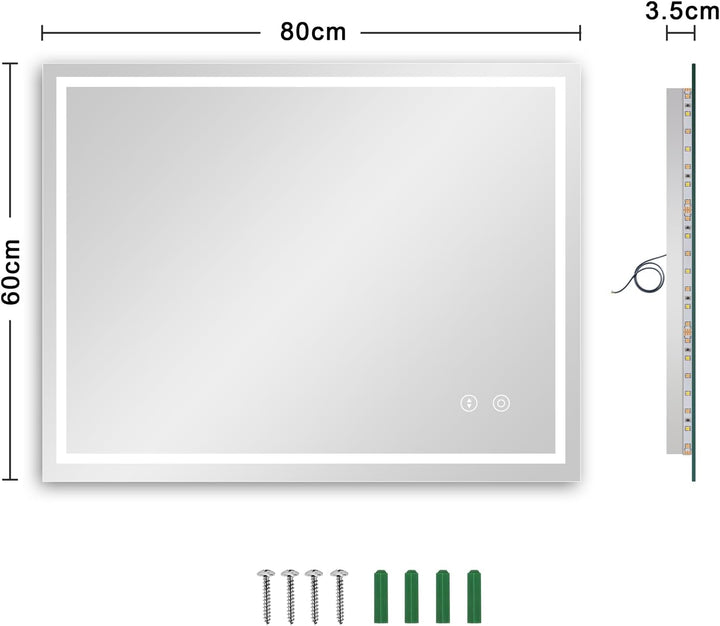 Badspiegel mit Beleuchtung Dripex Led Spiegel mit Touch-Schalter, Dimmbar, 3 Lichtfarbe Einstellbare