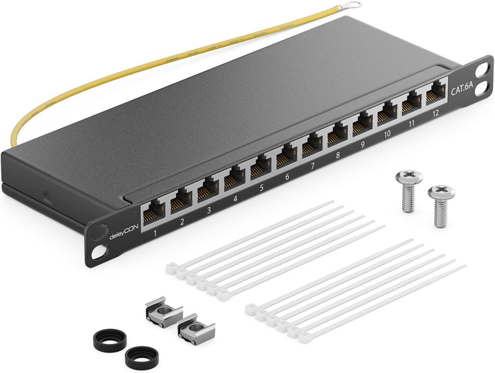 deleyCON CAT 6a 0,5 HE Patchpanel Mini Verteilerfeld 12 Port - Desktop 10" Zoll Rackeinbau Servermon