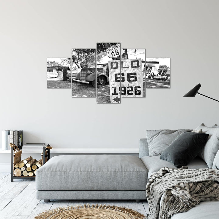 Runa Art Bild Wohnzimmer Auto Route 66 5 Teilig Vintage Schwarz Weiss Wandbilder auf Vlies Leinwand