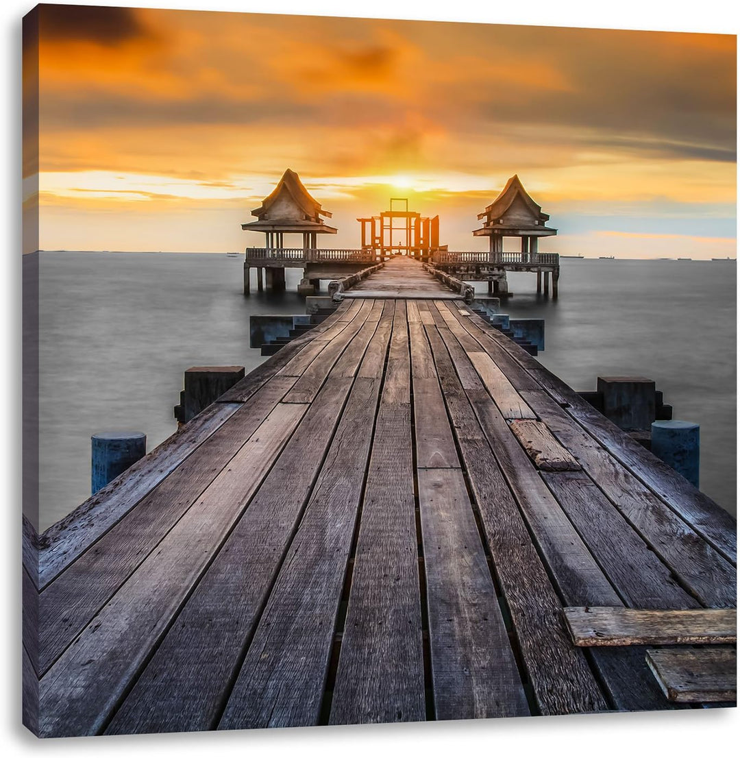 Pixxprint Alter Bootssteg beim Sonnenuntergang schwarz/weiss, Format: 70x70 auf Leinwand, 70x70