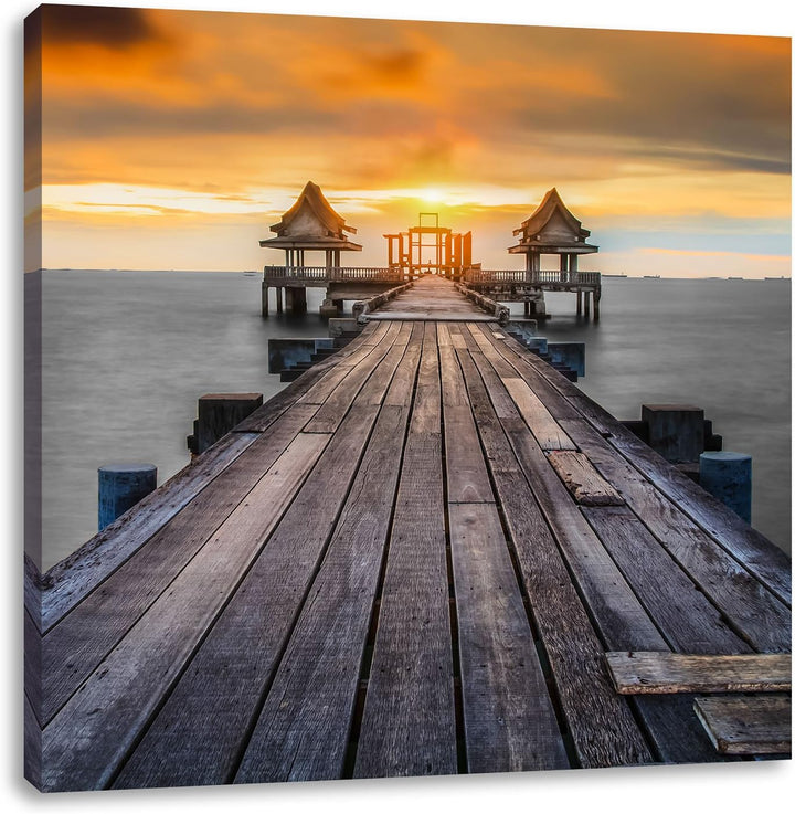 Pixxprint Alter Bootssteg beim Sonnenuntergang schwarz/weiss, Format: 70x70 auf Leinwand, 70x70