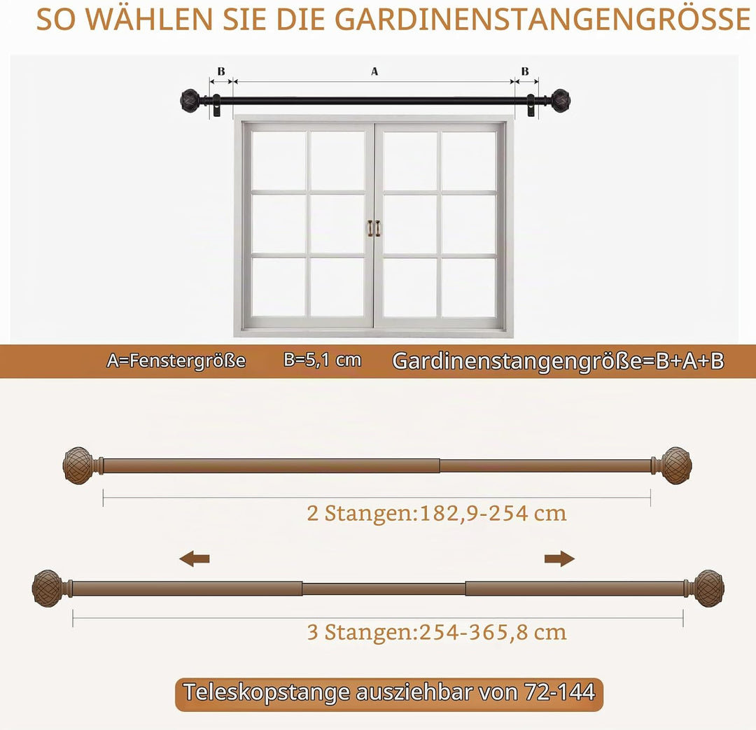 SZXIMU Gardinenstange Ausziehbar 182-365 cm Schwarz Vorhangstange mit Rundem Endstück mit Netzstrukt