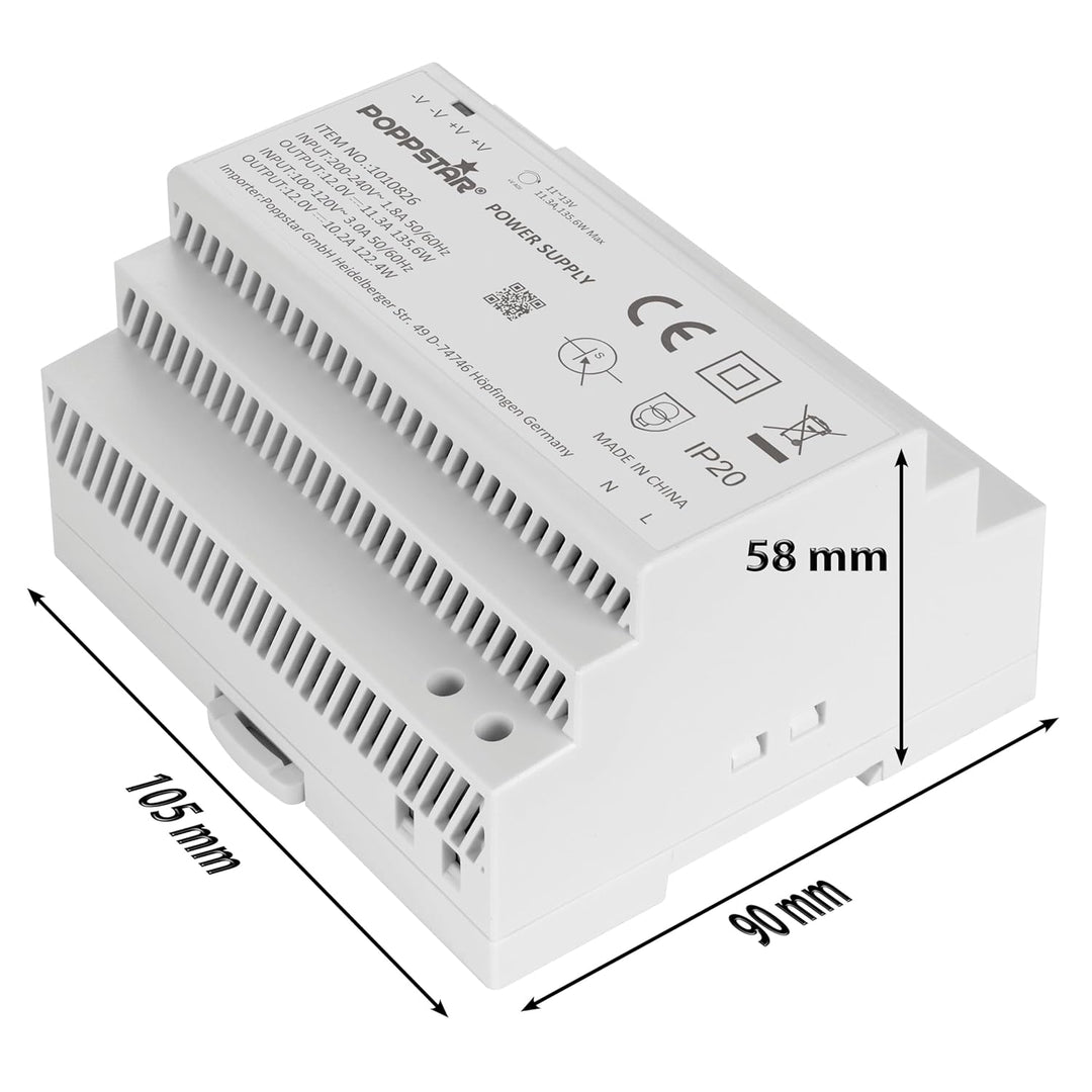 Poppstar 12V Trafo Hutschiene 11,3 A max. 135W (Input 100-240 V AC 50/60 Hz) Hutschienen-Netzteil 12