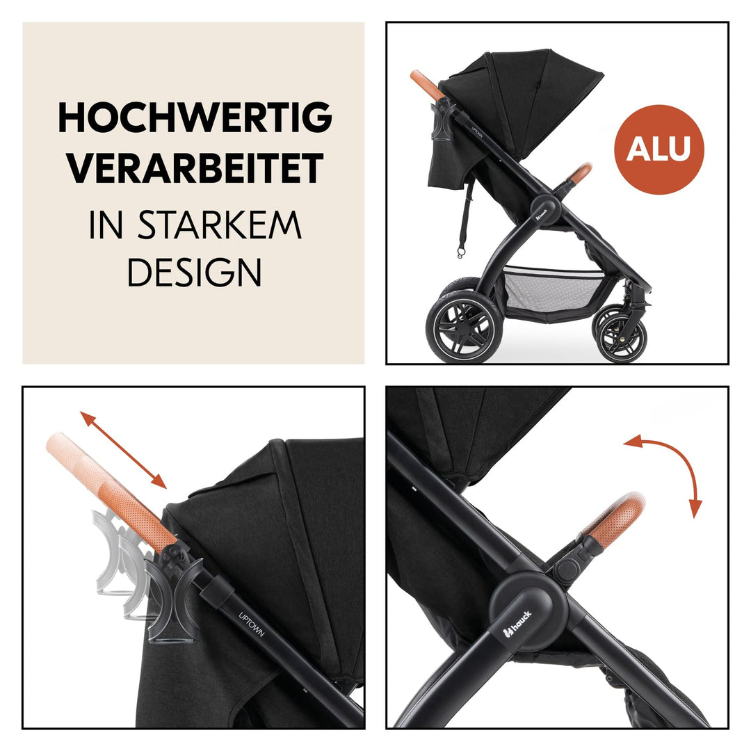 Hauck Uptown Kinderwagen Melange Black – Kinderwagen für jedes Gelände, extra grosser Sitz, flache L