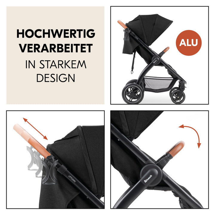 Hauck Uptown Kinderwagen Melange Black – Kinderwagen für jedes Gelände, extra grosser Sitz, flache L