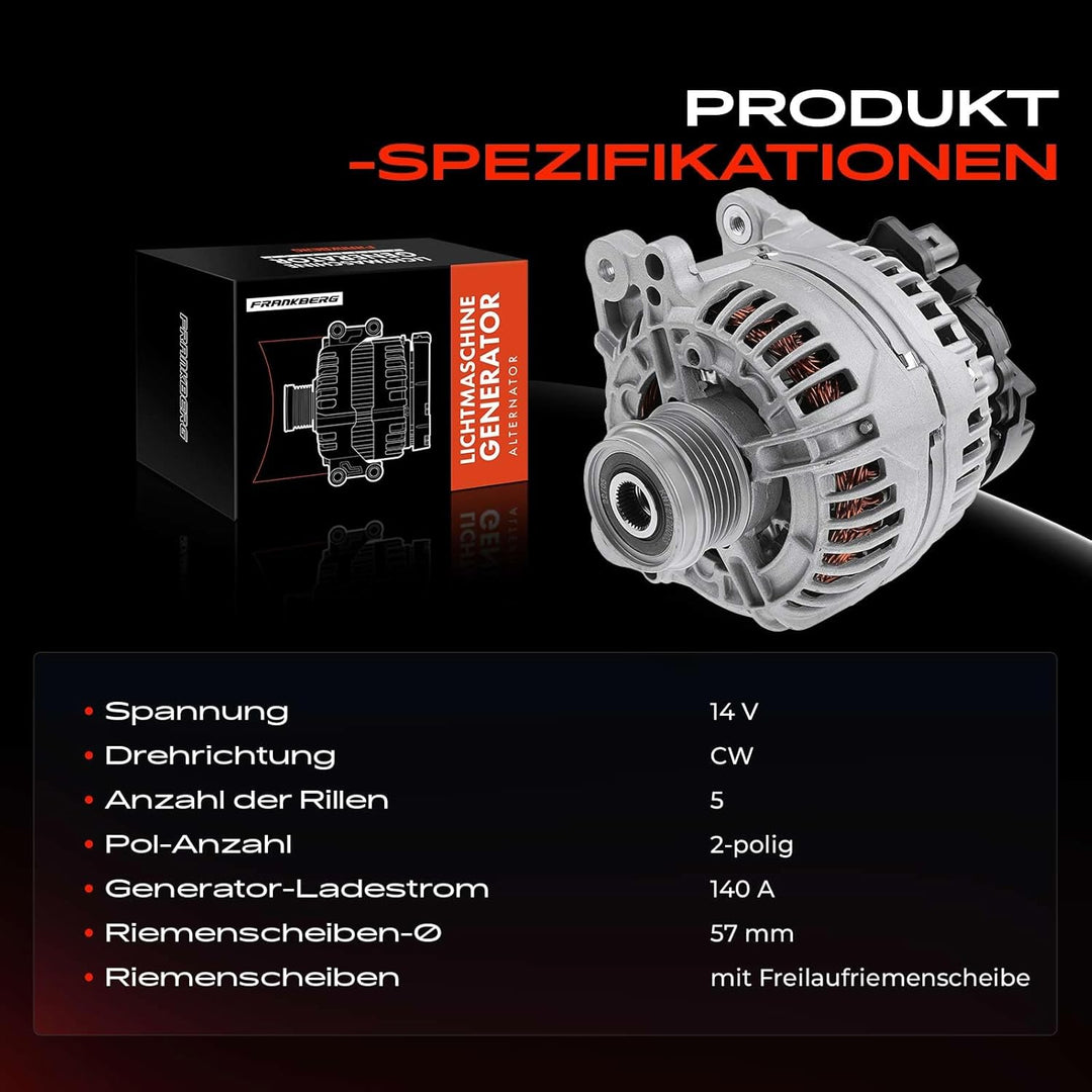Frankberg Lichtmaschine Generator 140A Kompatibel mit A4 8E2 1.9 TDI 2001-2003 A6 4B2 1.9 TDI 2001-2