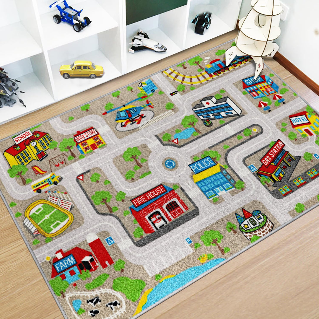 Capslpad Kinder Teppich Spielteppich für Kinder Stadt 100x160cm Rutschfest Kinderteppich Spielmatte