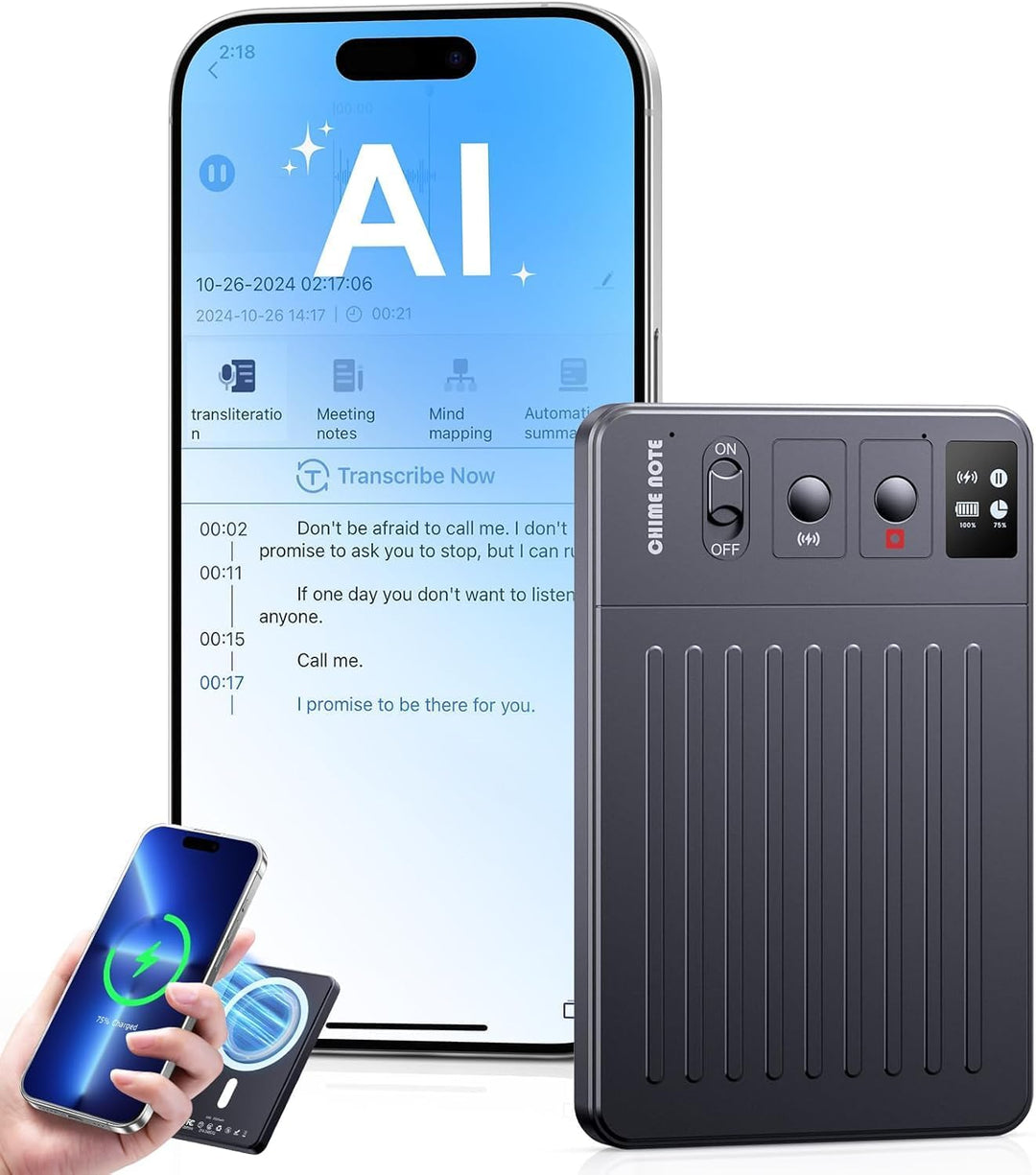KI Digitales Diktiergerät - 64GB AI Voice Recorder, AI Zusammenfassung durch ChatGPT, Echtzeit Übers