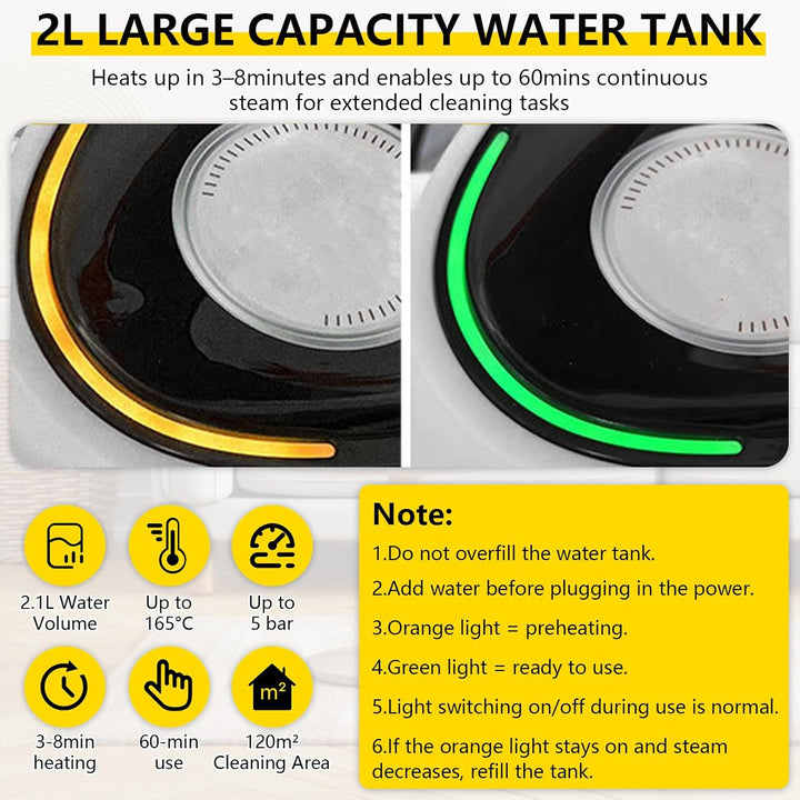 Upgrade 2100W Dampfreiniger mit 29 Zubehör, Mehrzweck Handdampfgerät mit 2,1L Tank, 5 Bar Dampfdruck