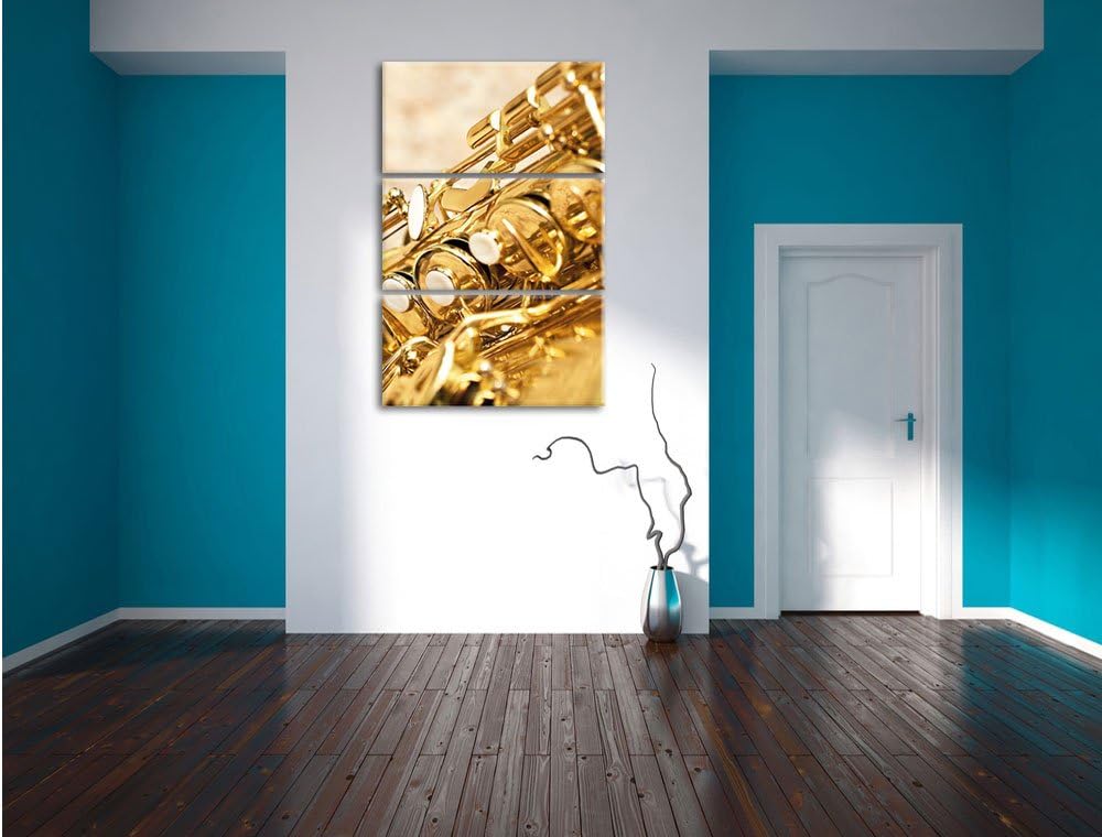 Pixxprint Saxophon / 3-Teilig/Gesamtmass 120cm Leinwandbild bespannt auf Holzrahmen/Wandbild Kunstdr