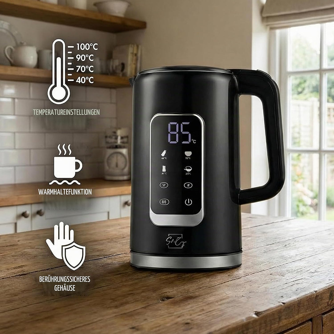 Siberg LCD Wasserkocher 1,7L – Edelstahl, Digitales Farb-Touch-Display, 13 Temperaturstufen, Warmhal