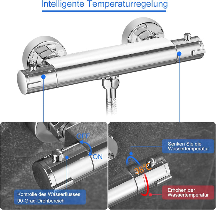 KEOKBON Duschthermostat mit 38 °C Sicherheitstaste, Duscharmatur Thermostat mit Durchflusseinstellun