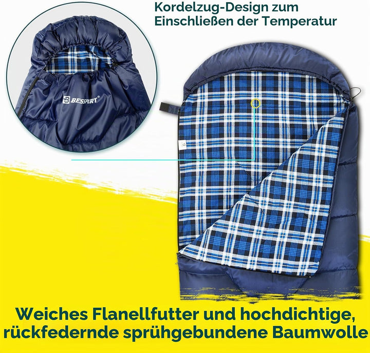 Bessport Schlafsack Flannel für Camping 3-4 Jahreszeiten - 10 °C-20°C | Winter Schlafsack Leichtgewi