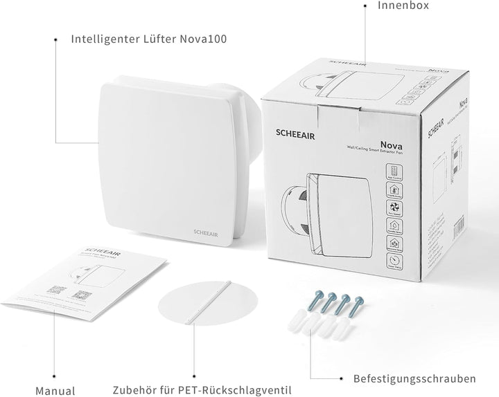 Nova100 100mm Smart WiFi Badlüfter mit Luftfeuchtigkeitssensor, Bewegungsensor und Nachlaufzeit zur