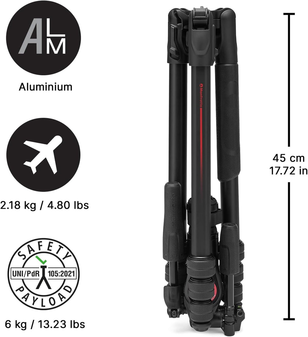 Manfrotto Befree GT PRO 3-Way, Professional Travel Tripod Kit, 3-Way Fluid Head, Levelling Column, P
