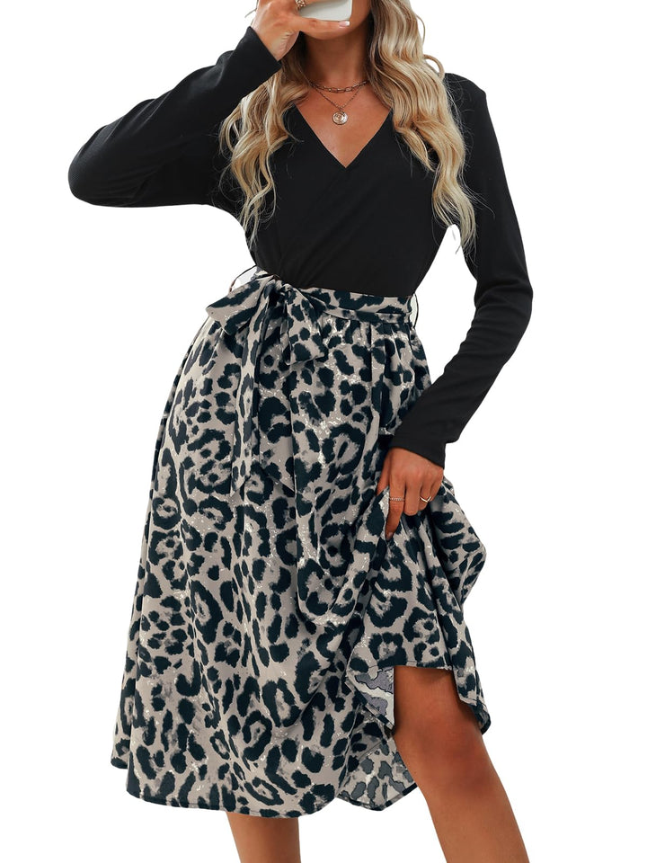CUPSHE Damen Herbst Kleid V Ausschnitt Langarm Bindegürtel A Linie Leopardenmuster Partykleid Freize