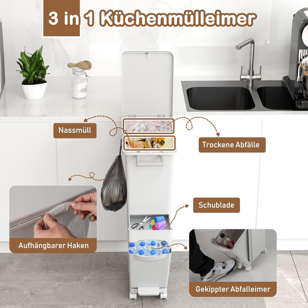 GIANTEX Mülleimer Küche 3 Fächer, 32 L Abfalleimer mit Deckel & Pedal, Tretmülleimer auf Rädern, Abf