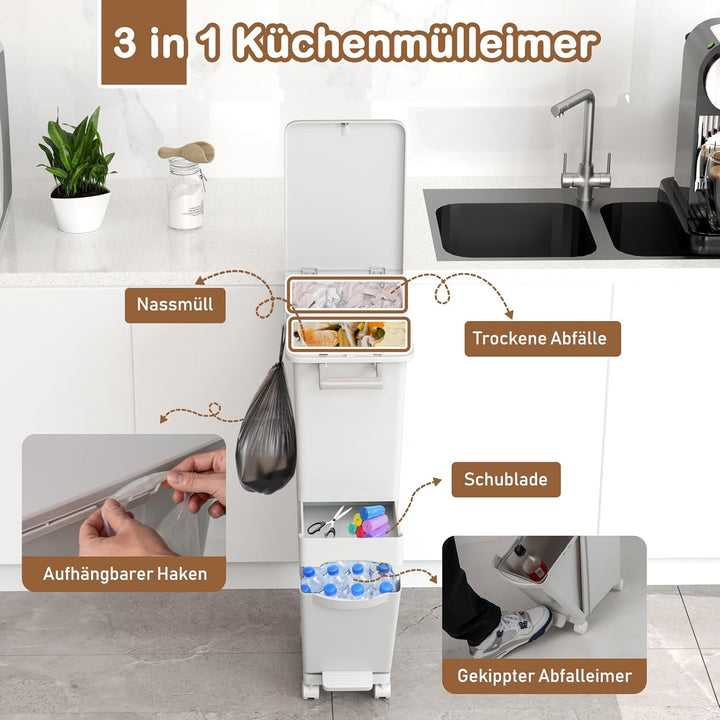 GIANTEX Mülleimer Küche 3 Fächer, 32 L Abfalleimer mit Deckel & Pedal, Tretmülleimer auf Rädern, Abf