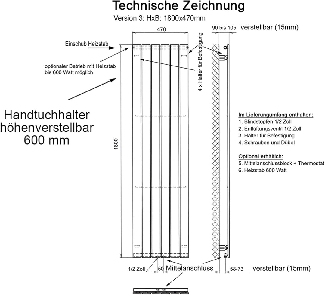 Badheizkörper Design Peking 3 180x47cm 1118 Watt weiss (+ 2 Knopfhalter) SZAGATO Handtuchwärmer Hand
