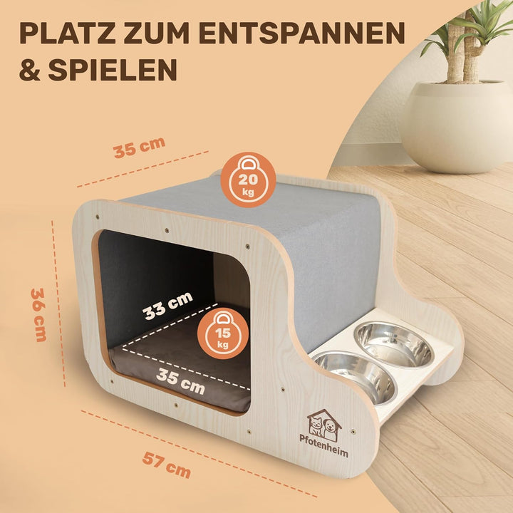 Katzenhaus mit Katzenbett, Katzenhöhle & Katzennapf | Katzenkorb, 3-in-1 Kratzmatte mit Katzen-Napfs
