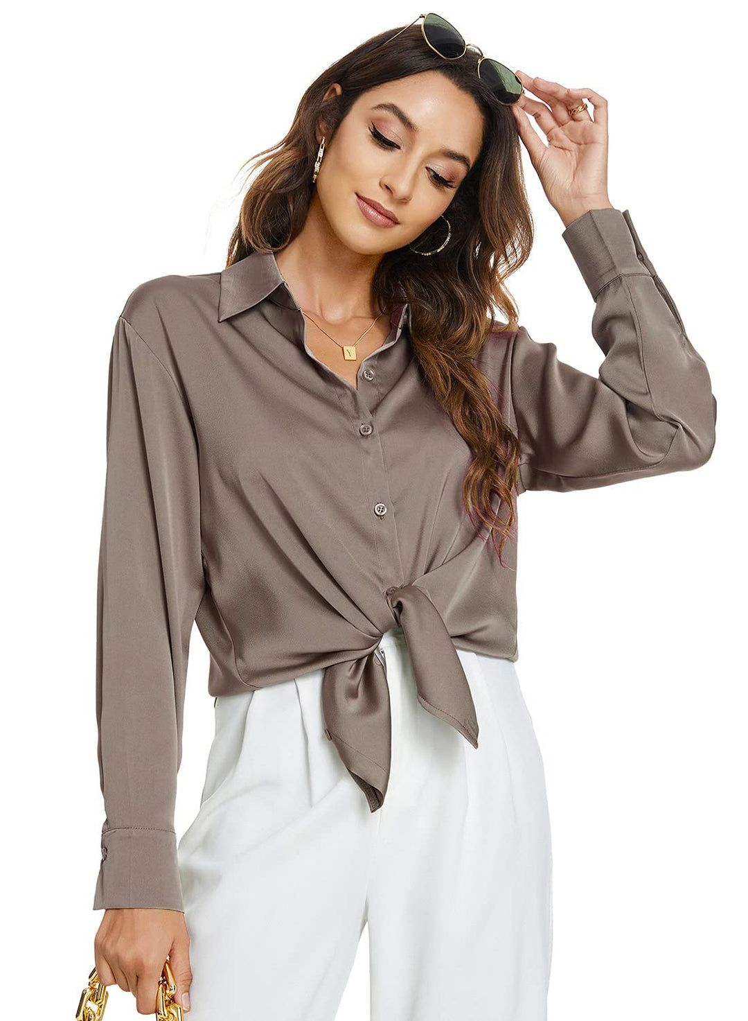 Atnlewhi Damen Bluse Langarm Knöpfen Satin Seide Hemden Basic Kent Kragen Arbeit Büro Formelle Casua
