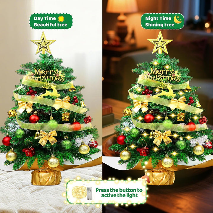 60cm Mini Weihnachtsbaum mit LED Beleuchtung,Kleiner Künstlicher Weihnachtsbaum mit Beeren Weihnacht