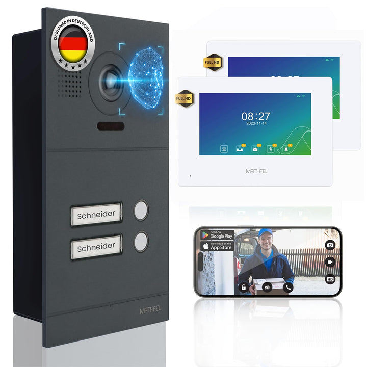 Mathfel 2-Draht IP Video-Türsprechanlage mit Türöffner – Full-HD Kamera, 7" Monitor & App-Steuerung