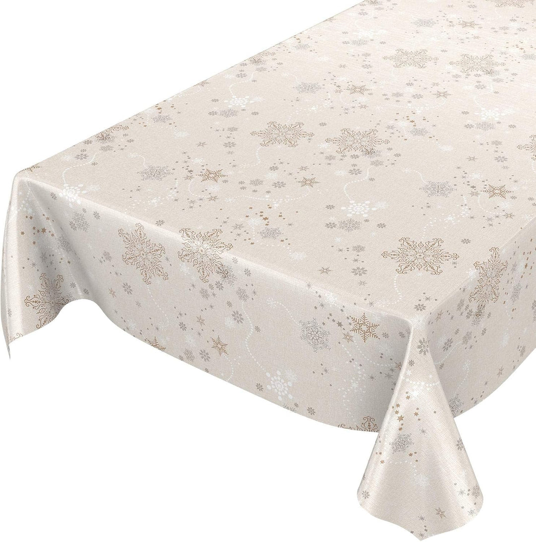 ANRO Wachstuchtischdecke Wachstuch Wachstischdecke Tischdecke Weihnachten Schneeflocken Beige 140 cm