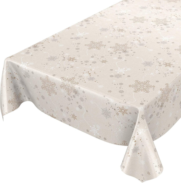 ANRO Wachstuchtischdecke Wachstuch Wachstischdecke Tischdecke Weihnachten Schneeflocken Beige 140 cm