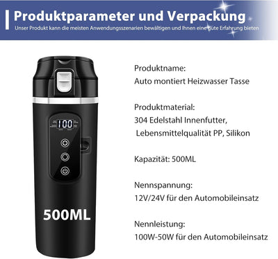 12v - 24v Wasserkocher für Auto, 500ml Elektrischer Reisewasserkocher Edelstahl mit 12 Volt Zigarett