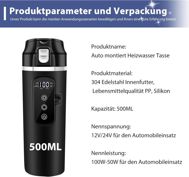 12v - 24v Wasserkocher für Auto, 500ml Elektrischer Reisewasserkocher Edelstahl mit 12 Volt Zigarett