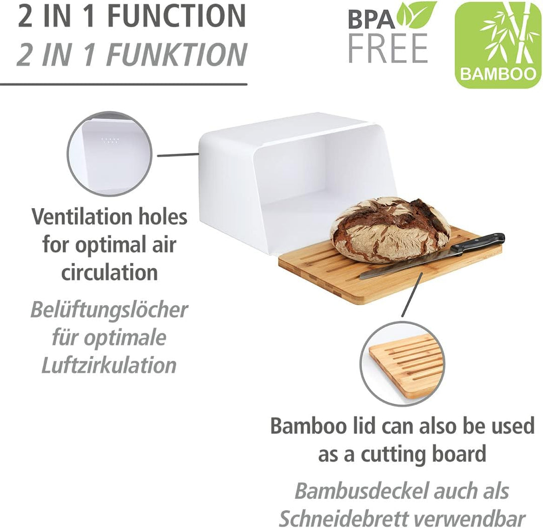 WENKO Brotkasten mit Bambusbrett Mod. Kubo, praktische Brotaufbewahrung mit Deckel & integriertem Sc
