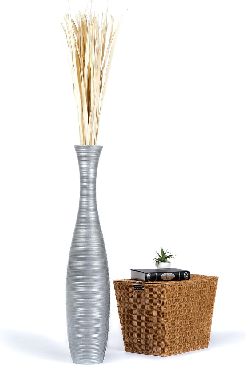 Leewadee Grosse Bodenvase für Dekozweige hohe Standvase Design Holzvase, Holz, 110 cm, Silber 110 cm