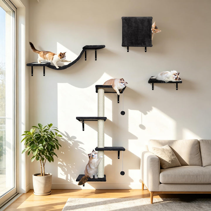 Zvonema Kletterwand Katzen, Katzen Wandelemente 10-teilig, Stabiler Holz Katzenwand, Bequem Plüsch K