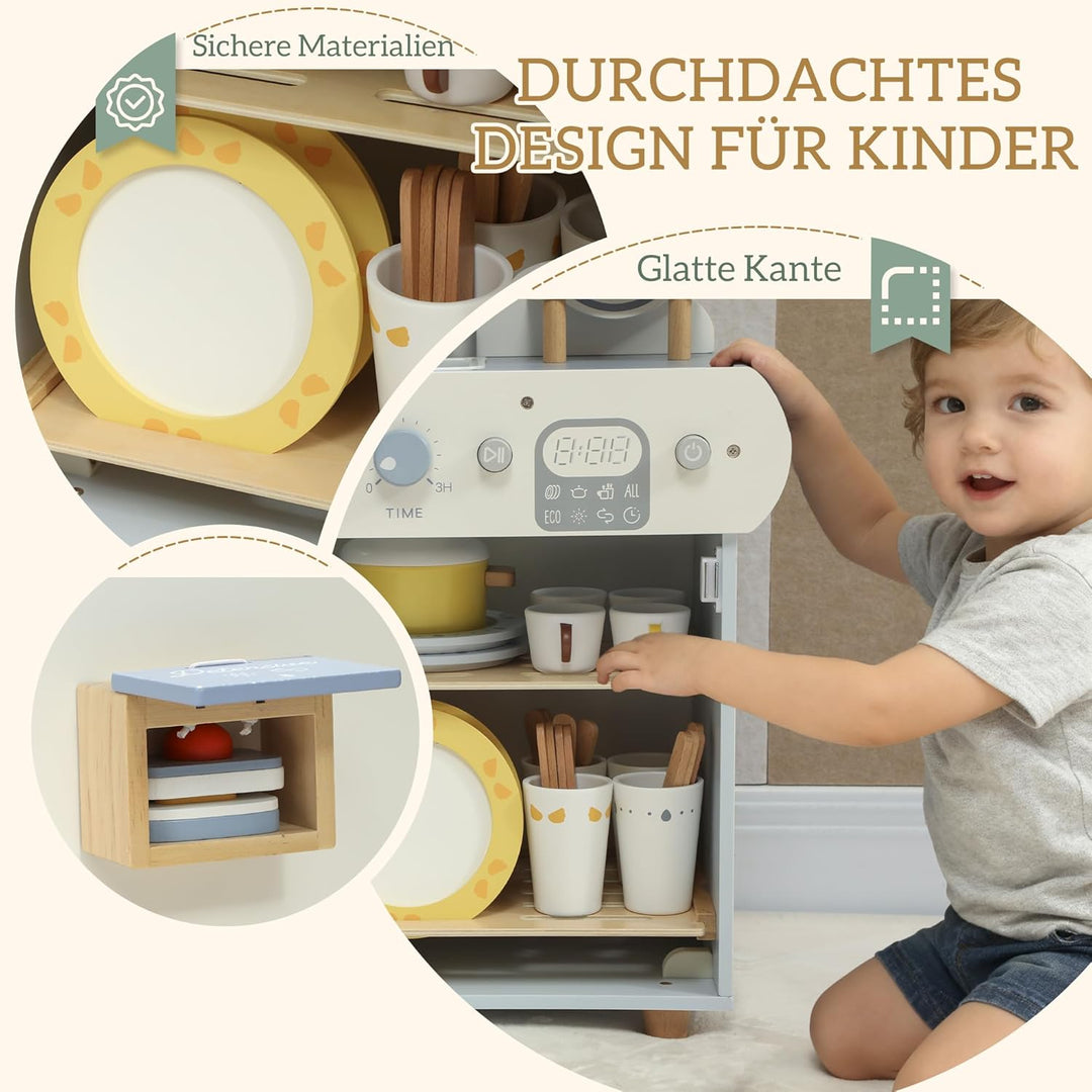 AIYAPLAY Kinderküche aus Holz Spielküche mit Wasserhahn Spüle und Zubehör Holzgeschirrspüler für Kin