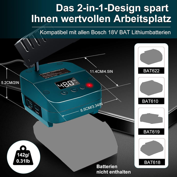 kabelloser Lötkolben Set kompatibel mit Bosch 18V BAT Akku, Tragbarer Kabelloser Lötkolben mit Unter