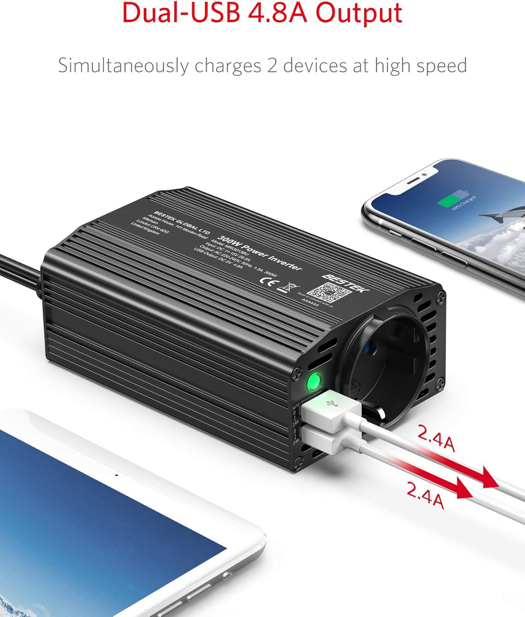 BESTEK 300W Wechselrichter/Spannungswandler 12v 230v /Stromwandler Inverter 12v auf 230v /mit Zertif
