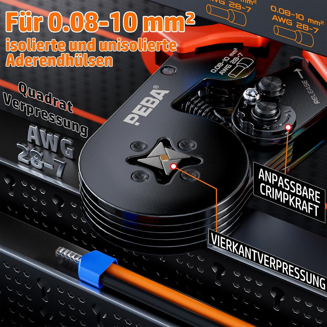 PEBA Vierkant Crimpzange Set 0,08–10 mm² – selbstjustierende Ratschen-Crimpzange mit 28 Grössen Ader
