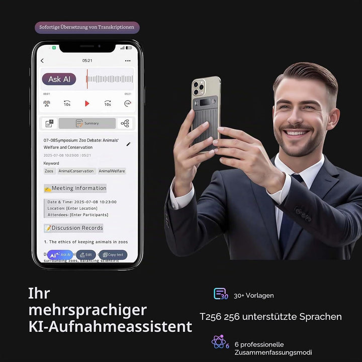 64GB KI Digitales Diktiergerät – Aufnahmegerät mit Automatischer Transkription und Zusammenfassung,