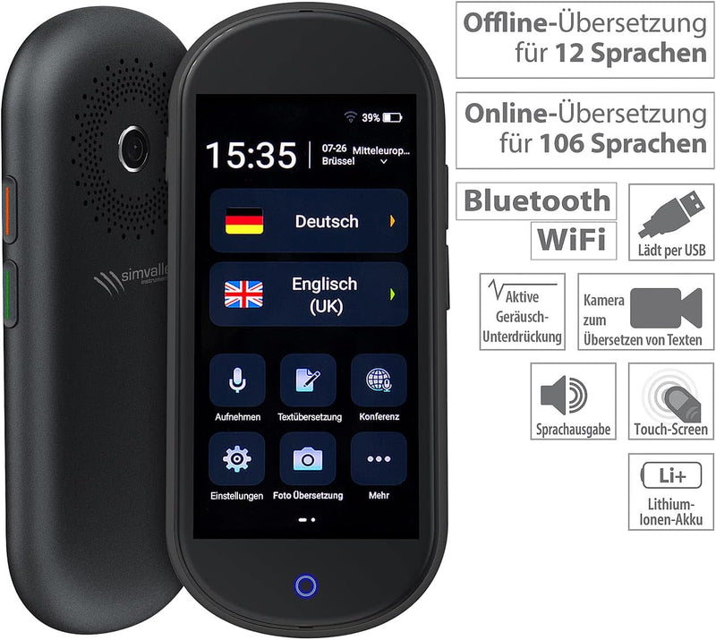 simvalley MOBILE Echtzeit Übersetzer: Mobiler Echtzeit-Sprachübersetzer, 106 Sprachen, Touchscreen,
