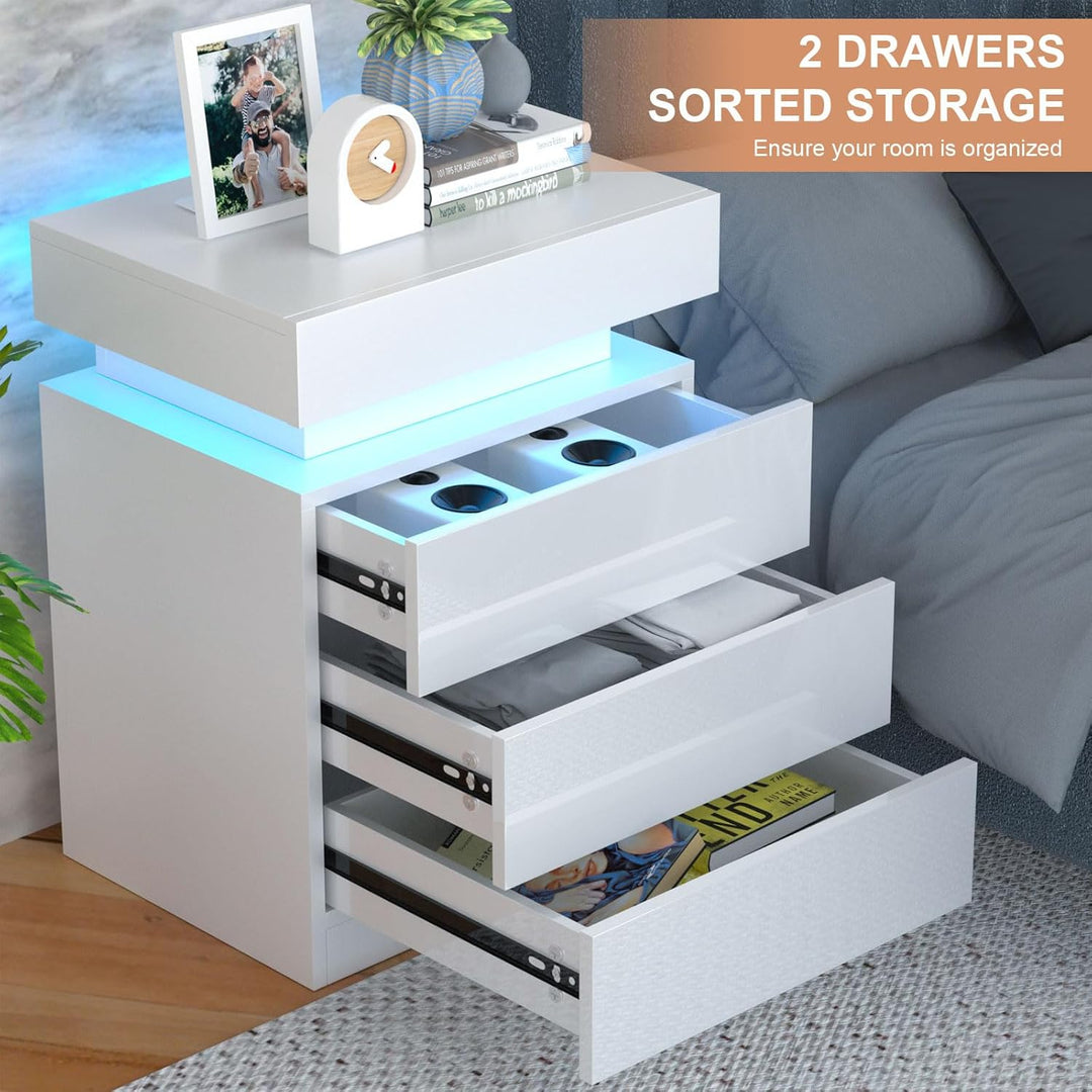 PIPIPOXER 2er Set Nachttisch LED mit 2 Schubladen, Nachttisch Weiss mit LED Licht, 16 Farben 2 Schub