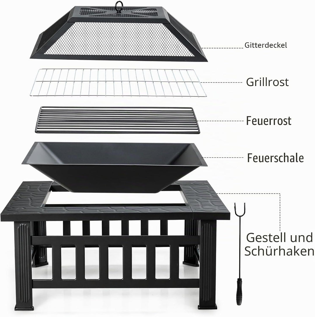 KOMFOTTEU Feuerschale Feuerkorb, Feuerstelle mit Grillrost & Decekl, Flammschale 81 x 81cm Outdoor,